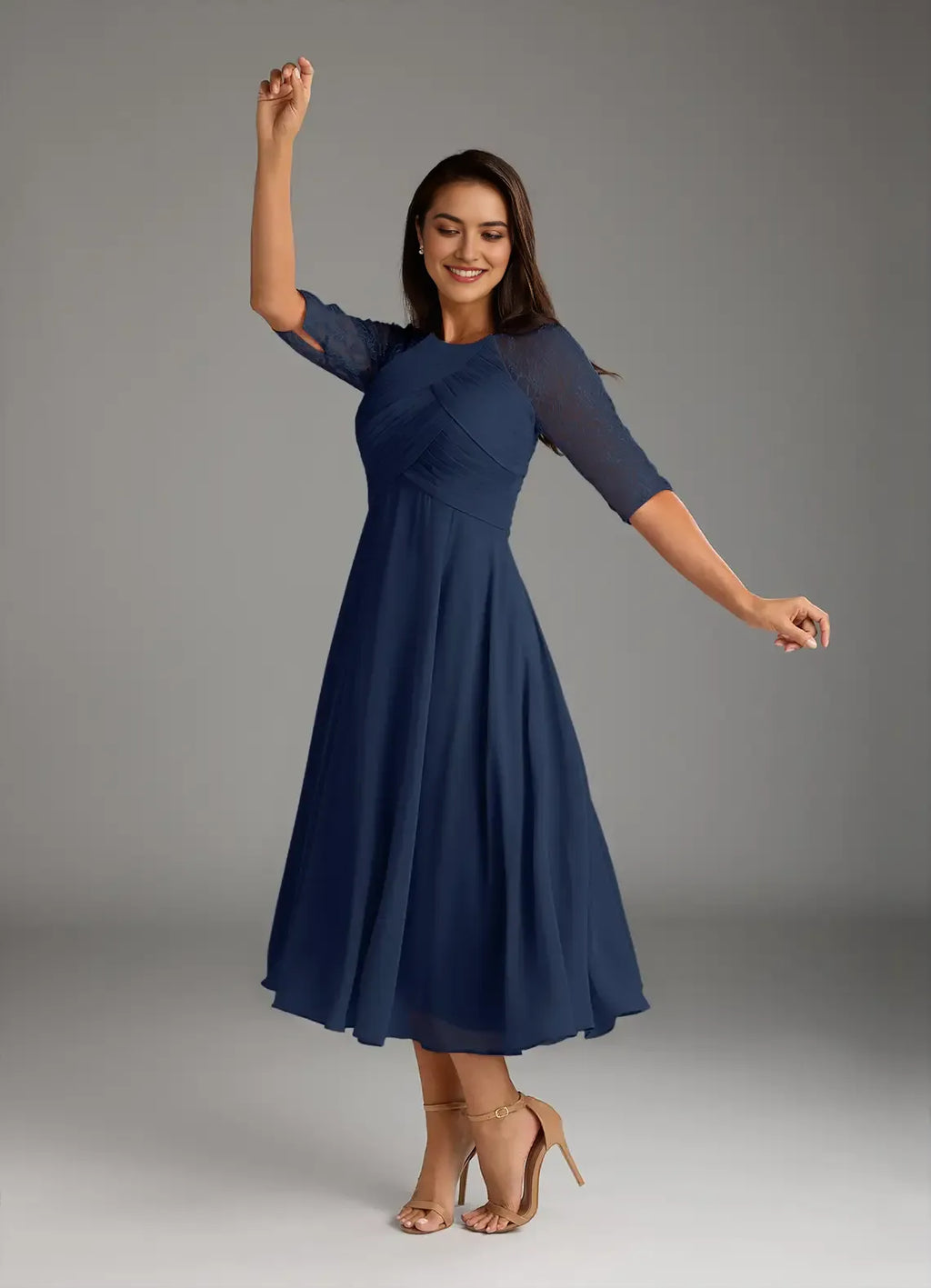 Navy Dark A-Line Mother of the Bride Dress Round Neckline Sheer 3/4 Sleeves Draped Ruched Detailing