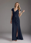 Navy Dark Mermaid V-Neck Pleated Mother of the Bride Dress with line Cap Sleeves Ruched Waist Ruffled Side Detailing and Front Slit