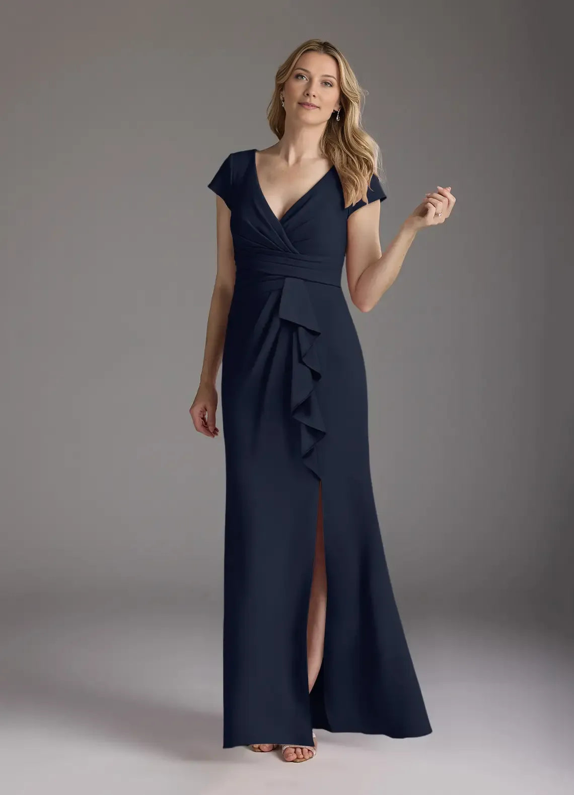 Navy Dark Mermaid V-Neck Pleated Mother of the Bride Dress with line Cap Sleeves Ruched Waist Ruffled Side Detailing and Front Slit