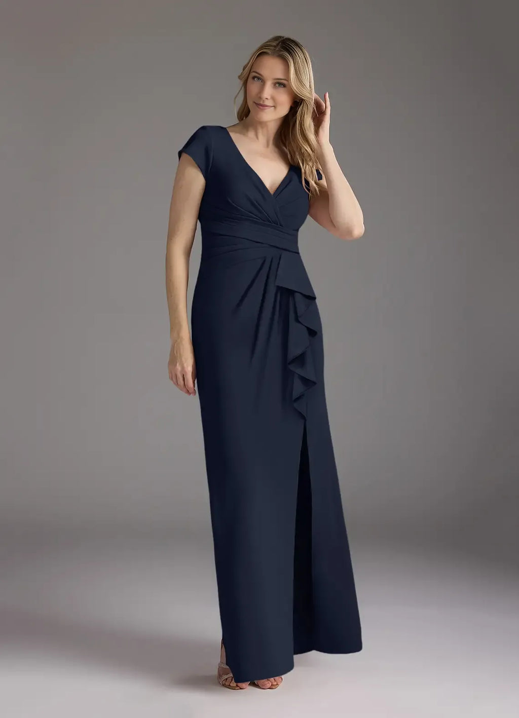 Navy Dark Mermaid V-Neck Pleated Mother of the Bride Dress with line Cap Sleeves Ruched Waist Ruffled Side Detailing and Front Slit