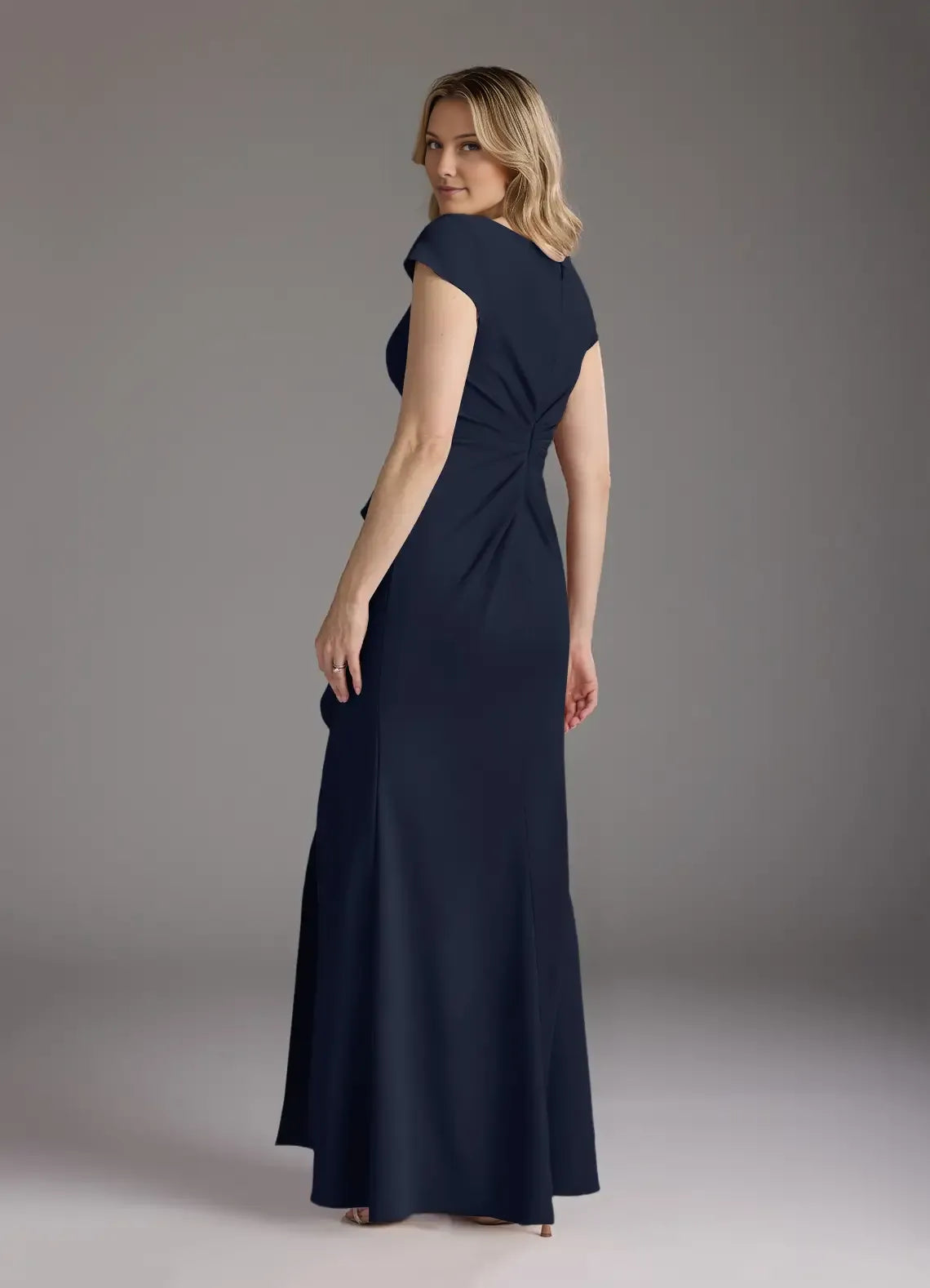 Navy Dark Mermaid V-Neck Pleated Mother of the Bride Dress with line Cap Sleeves Ruched Waist Ruffled Side Detailing and Front Slit