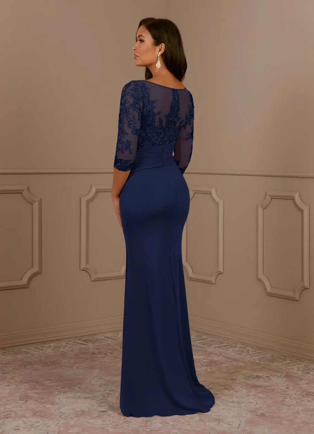 Navy Dark Scoop Mother of the Bride Dress Illusion Neckline Sheer 3/4 Sleeves Bodice Fitted Mermaid Skirt