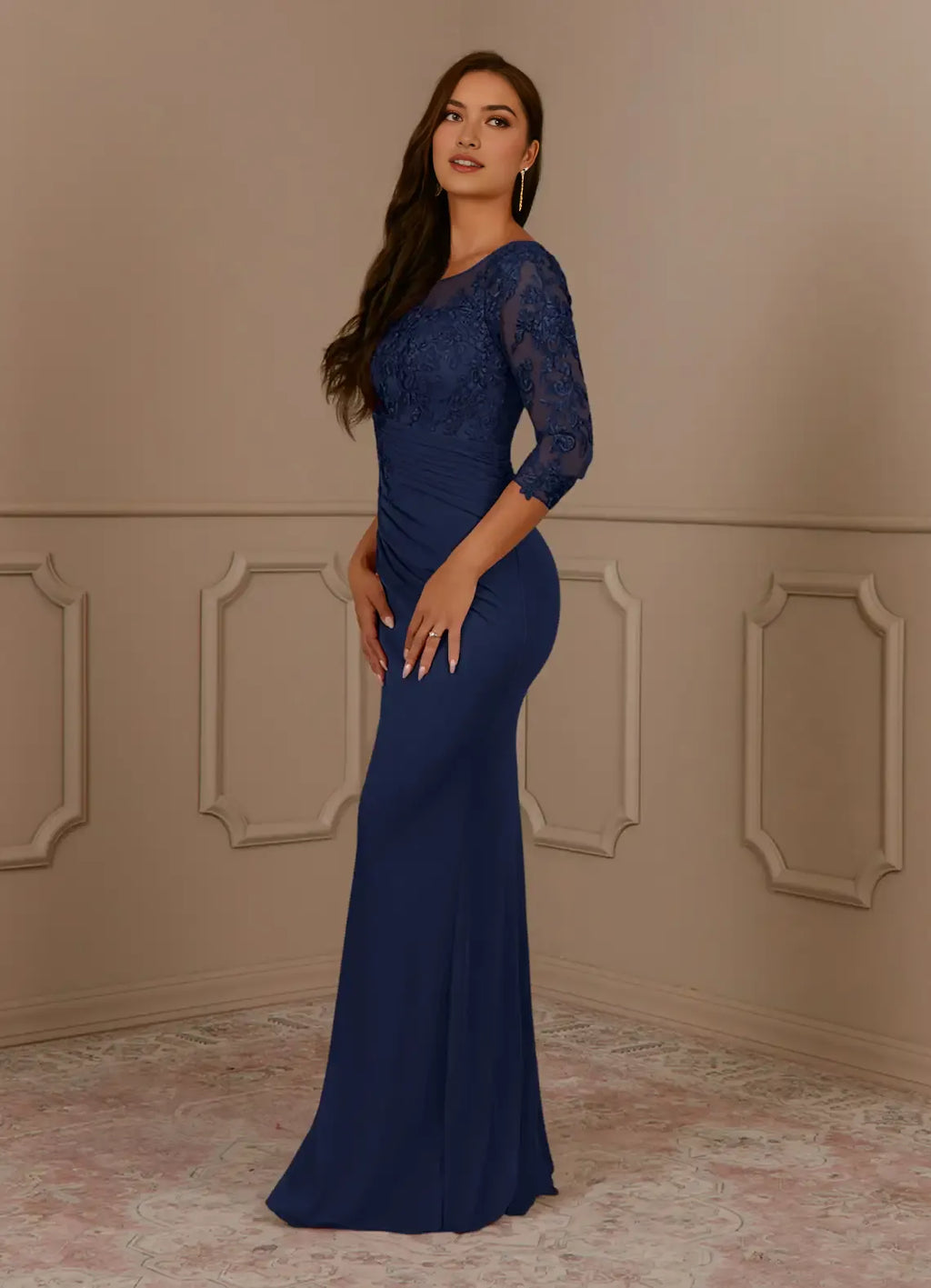 Navy Dark Scoop Mother of the Bride Dress Illusion Neckline Sheer 3/4 Sleeves Bodice Fitted Mermaid Skirt