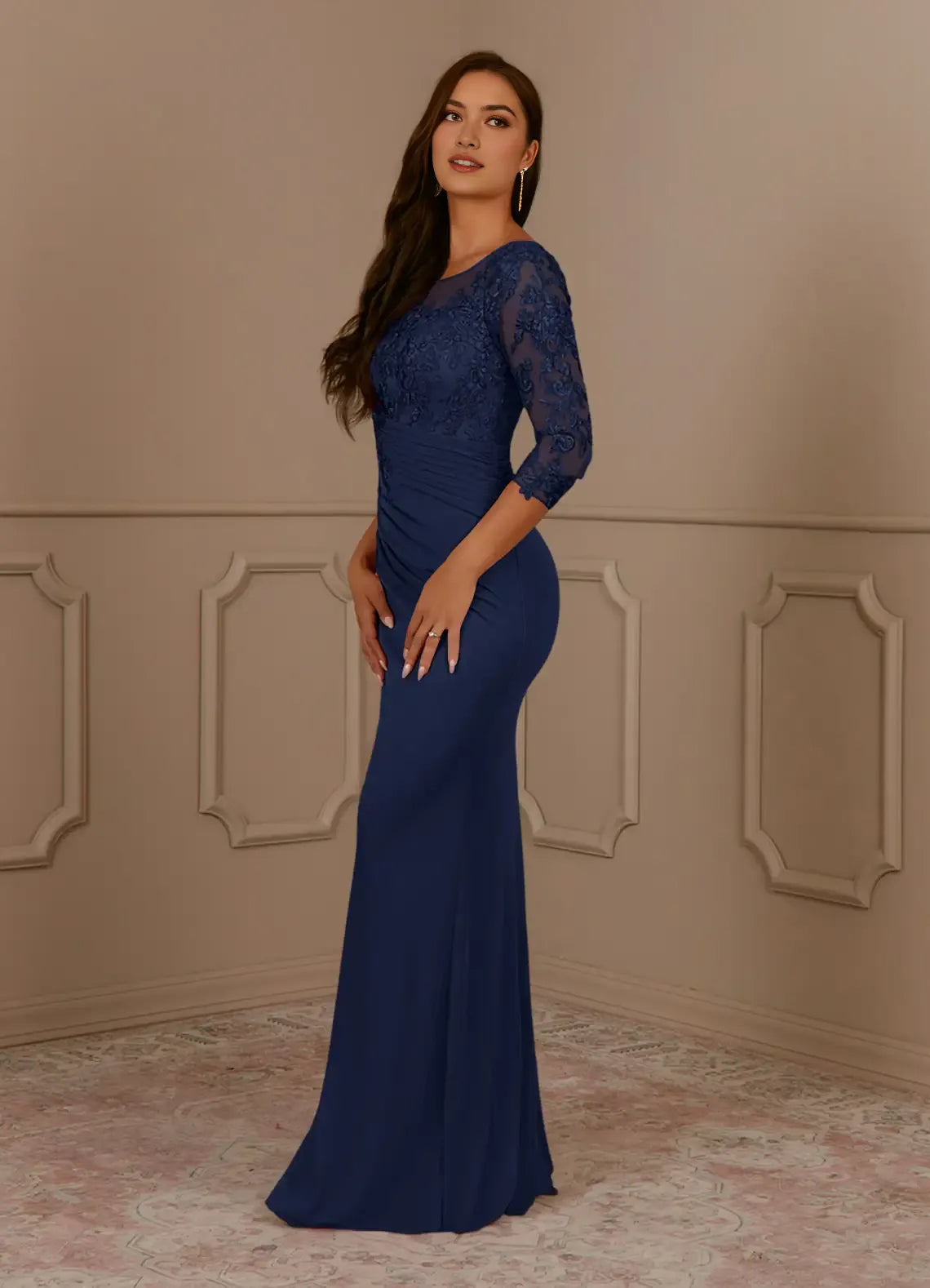 Navy Dark Scoop Mother of the Bride Dress Illusion Neckline Sheer 3/4 Sleeves Bodice Fitted Mermaid Skirt