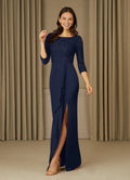 Navy Dark Sheath Scoop Sequins Mother of the Bride Dress with Bodice 3/4 Sleeves Draped Skirt