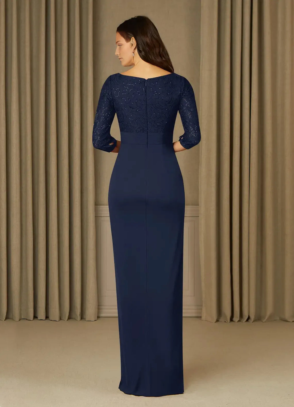 Navy Dark Sheath Scoop Sequins Mother of the Bride Dress with Bodice 3/4 Sleeves Draped Skirt