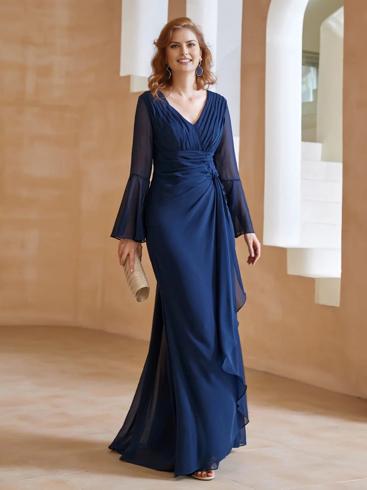 Navy Dark Sheath V-Neck Bell-Sleeve Pleated Ruched Ruffles Back Zip Floor-Length Mother of the Bride Dress
