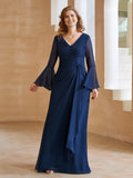 Navy Dark Sheath V-Neck Bell-Sleeve Pleated Ruched Ruffles Back Zip Floor-Length Mother of the Bride Dress