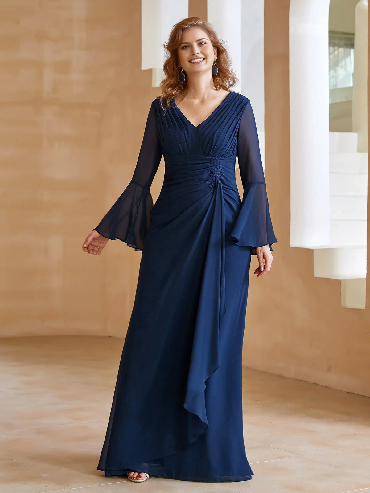Navy Dark Sheath V-Neck Bell-Sleeve Pleated Ruched Ruffles Back Zip Floor-Length Mother of the Bride Dress