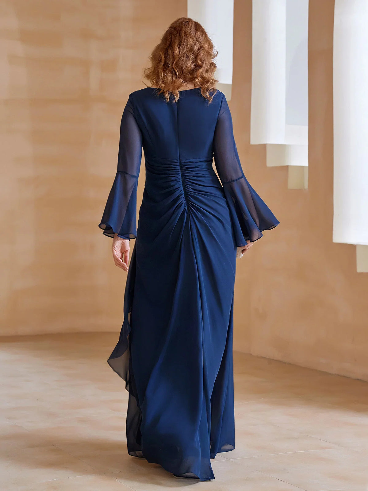 Navy Dark Sheath V-Neck Bell-Sleeve Pleated Ruched Ruffles Back Zip Floor-Length Mother of the Bride Dress