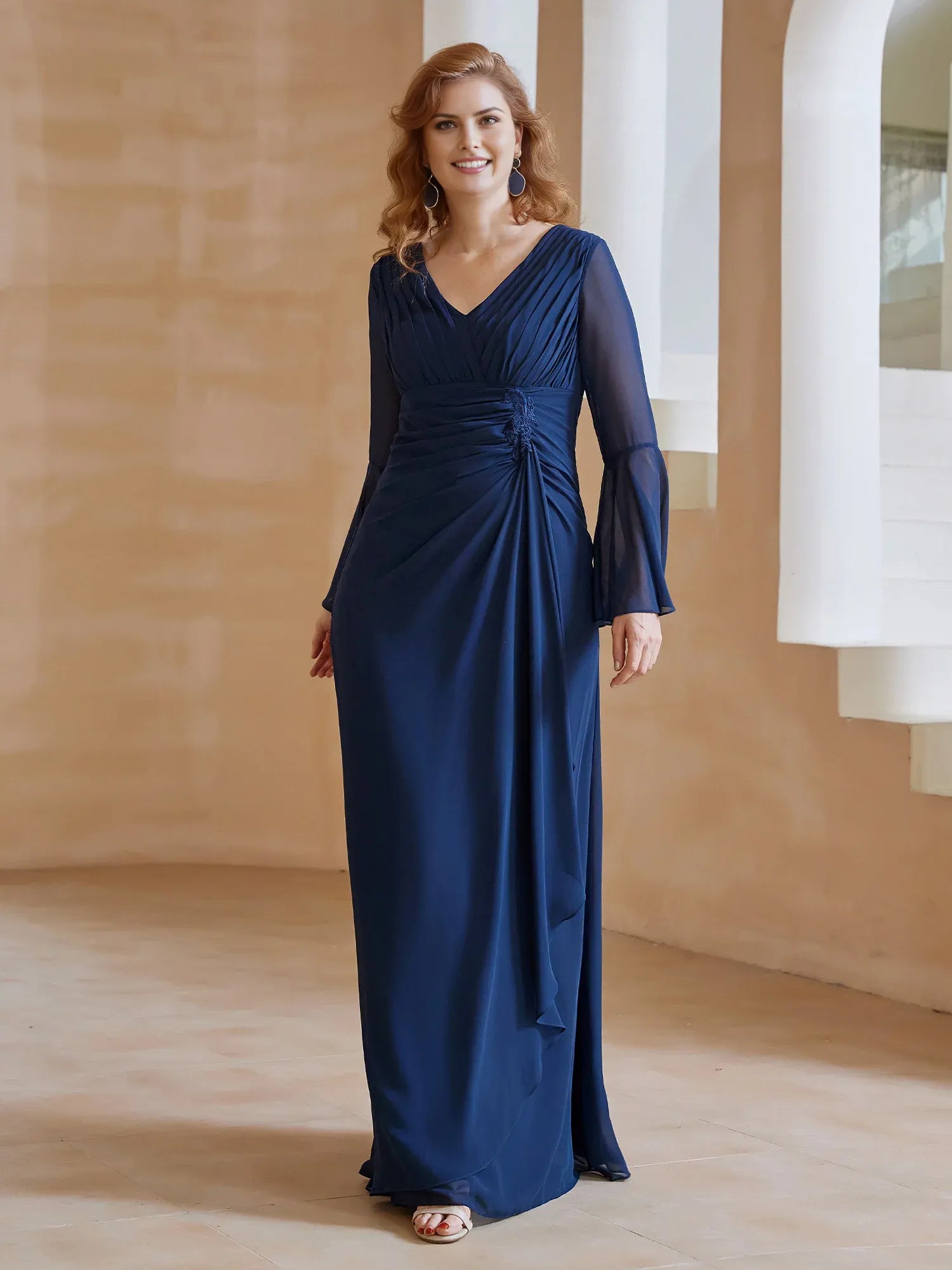 Navy Dark Sheath V-Neck Bell-Sleeve Pleated Ruched Ruffles Back Zip Floor-Length Mother of the Bride Dress