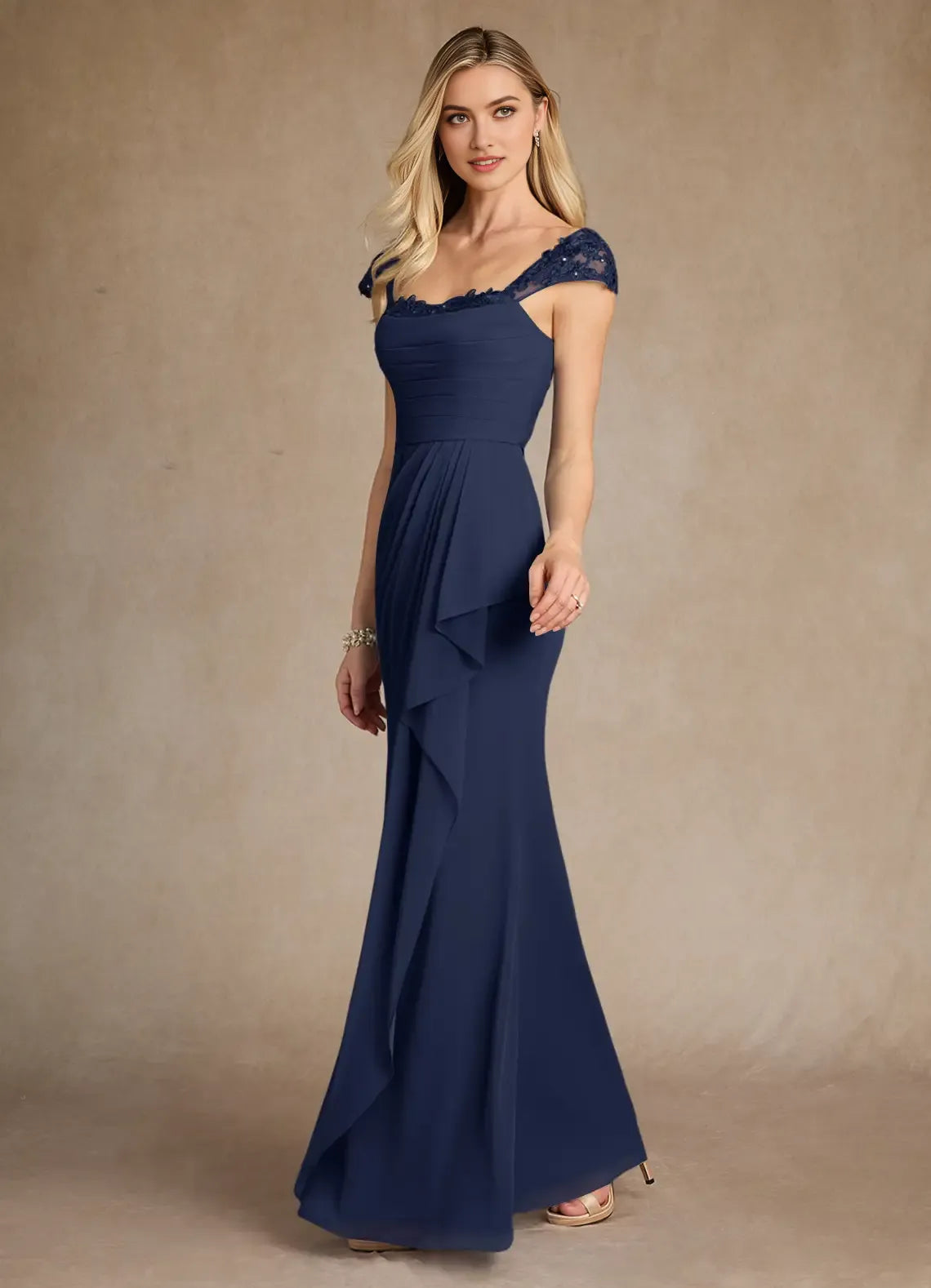 Navy Dark Unique Mermaid Mother of the Bride Dress with Shoulder Neckline and Ruched Bodice