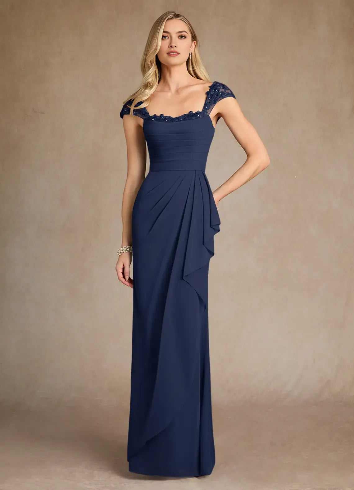 Navy Dark Unique Mermaid Mother of the Bride Dress with Shoulder Neckline and Ruched Bodice