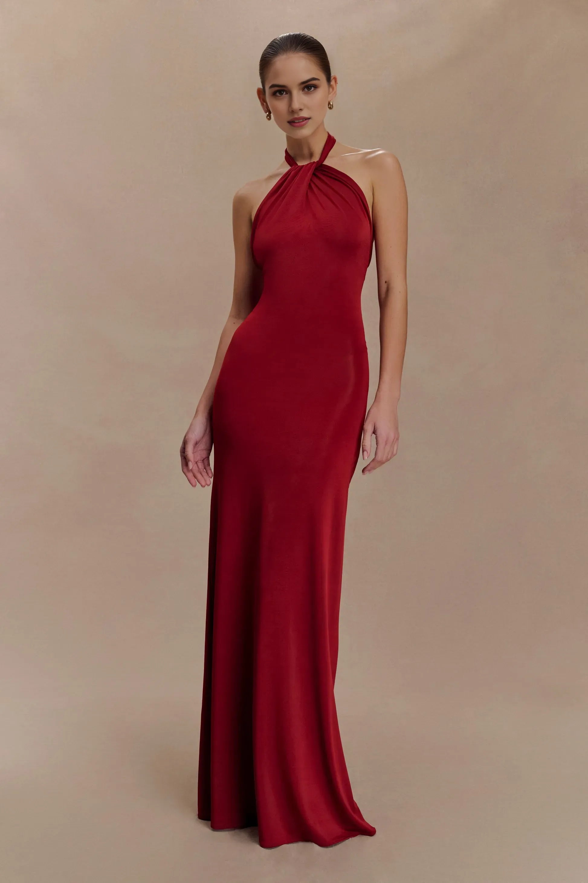 Red Deep Sheath Halter Neck Sleeveless Open Back Floor-Length Prom Dresses