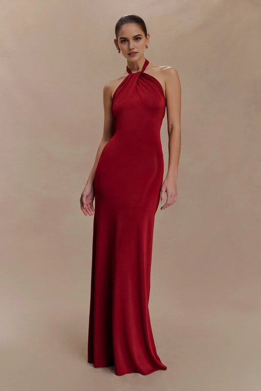 Luxurious Red Sheath Halter-Neck Sleeveless Open-Back Floor-Length Prom Dress