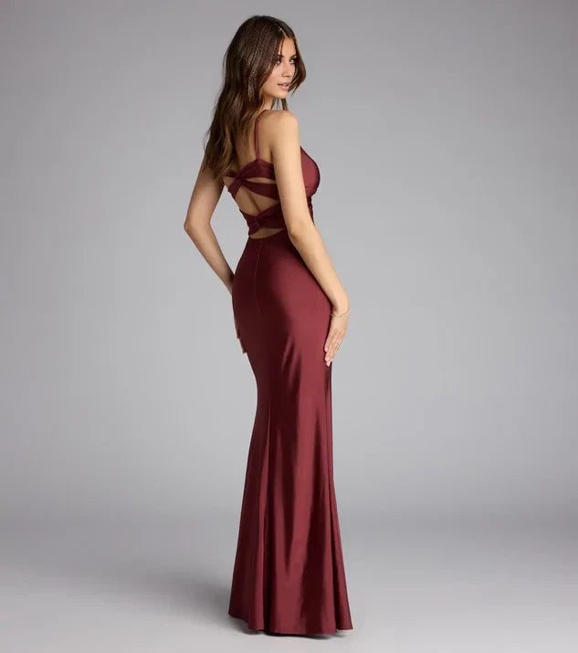 Sexy Mermaid V Neck Spaghetti Strap Crisscross Back Long Evening Dress