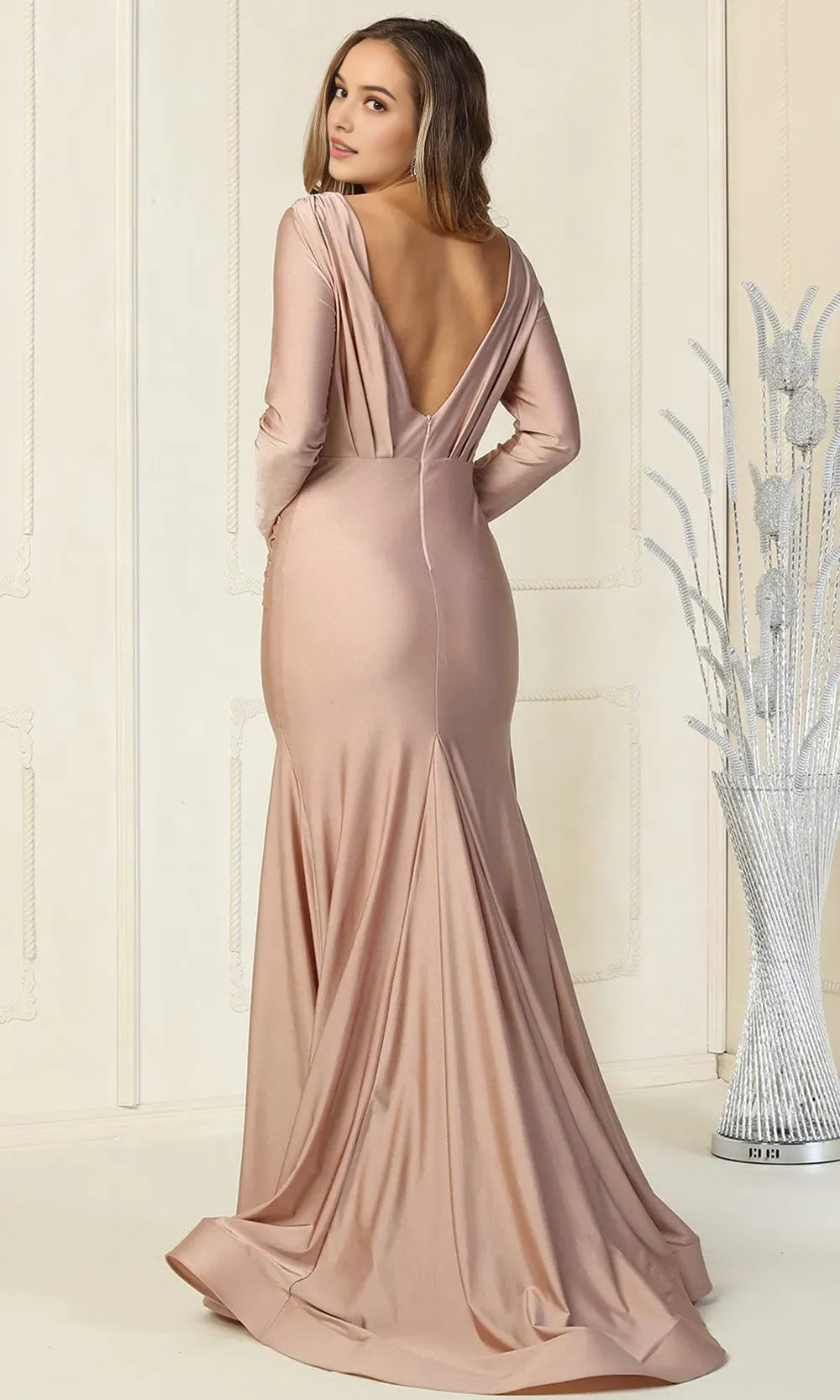 Deep V Neck Long Sleeve Ruched Evening Dresses for Formal Occasions Mermaid Style Maxi Dress