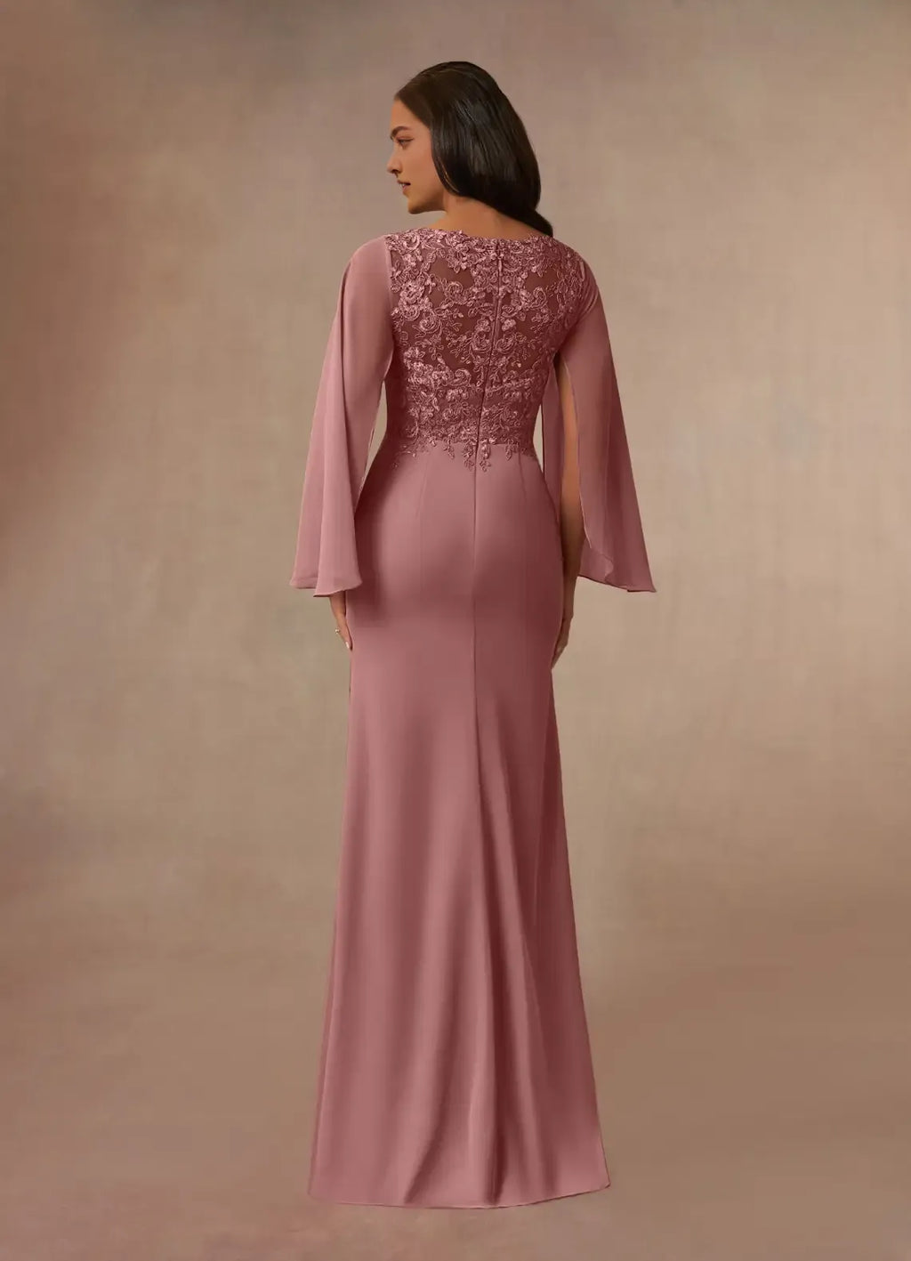 Desert Rose Mermaid V-Neck Mother of the Bride Dress Sheer Bell Sleeves Bodice Asymmetric Ruffled Skirt