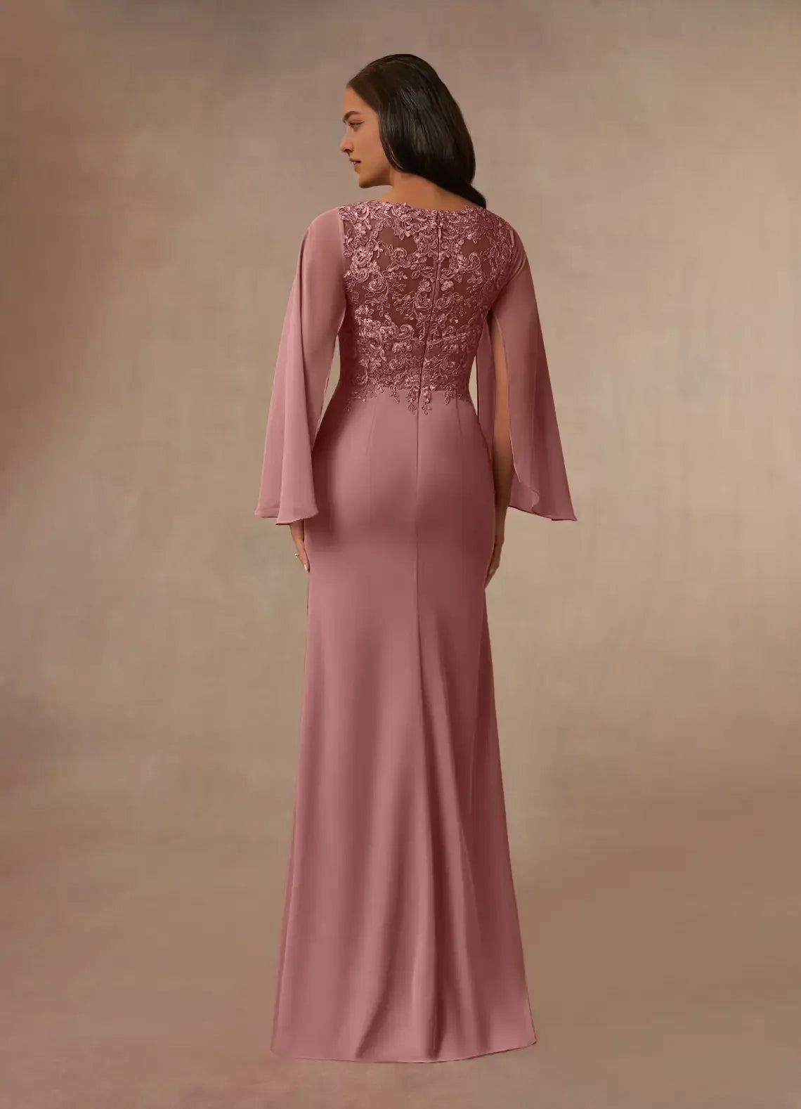 Desert Rose Mermaid V-Neck Mother of the Bride Dress Sheer Bell Sleeves Bodice Asymmetric Ruffled Skirt