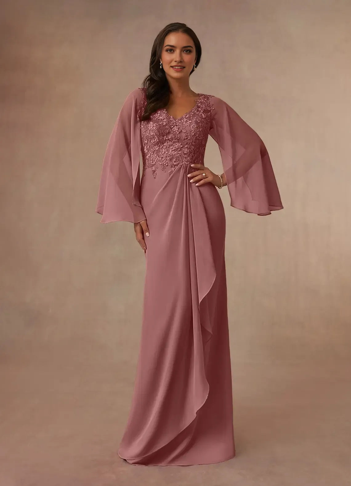 Desert Rose Mermaid V-Neck Mother of the Bride Dress Sheer Bell Sleeves Bodice Asymmetric Ruffled Skirt