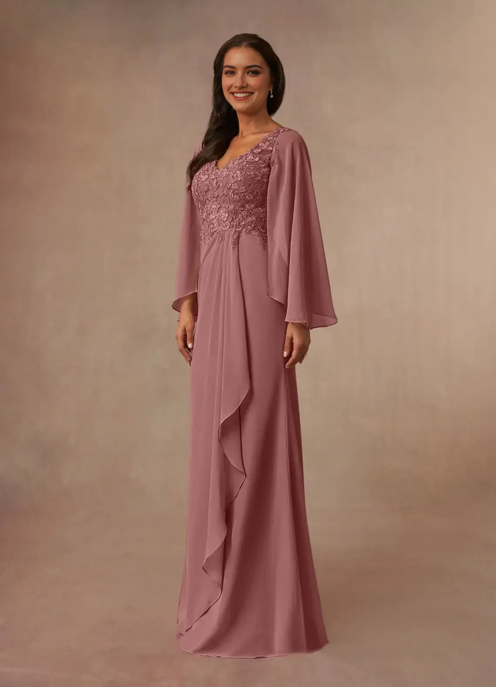 Desert Rose Mermaid V-Neck Mother of the Bride Dress Sheer Bell Sleeves Bodice Asymmetric Ruffled Skirt
