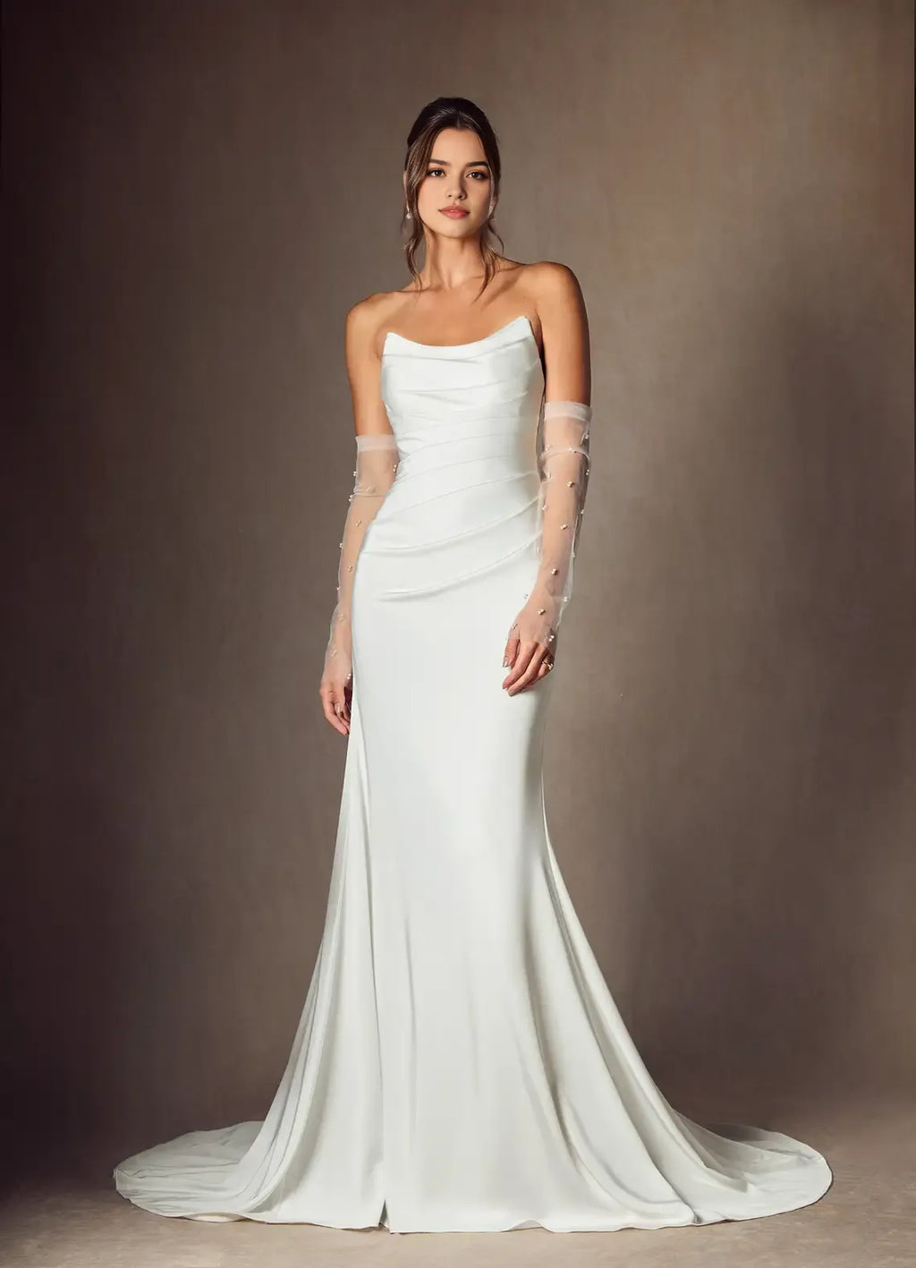 White Diamond Mermaid Strapless Back Wedding Dress Cowl Neckline Ruched Bodice Wedding Dresses for Formal Weddings