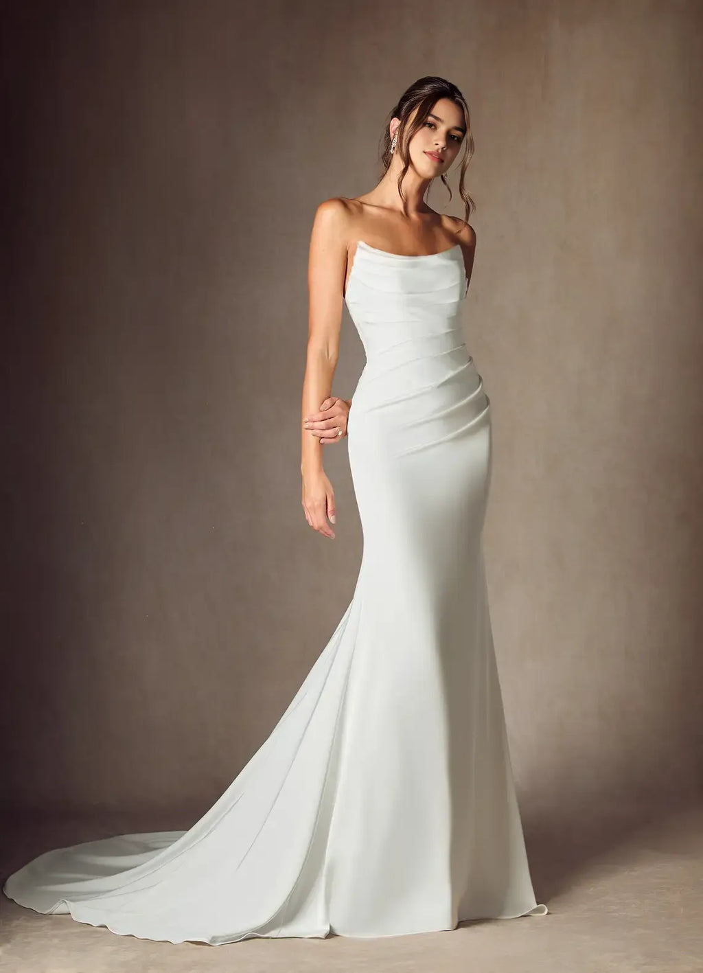 White Diamond Mermaid Strapless Back Wedding Dress Cowl Neckline Ruched Bodice Wedding Dresses for Formal Weddings