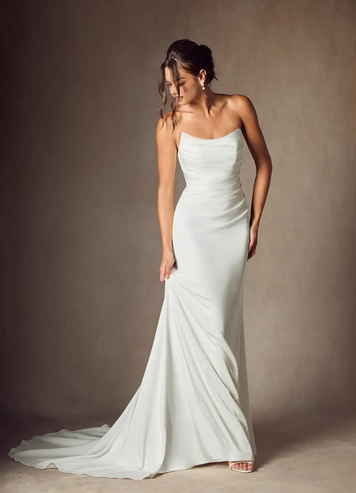 White Diamond Mermaid Strapless Back Wedding Dress Cowl Neckline Ruched Bodice Wedding Dresses for Formal Weddings