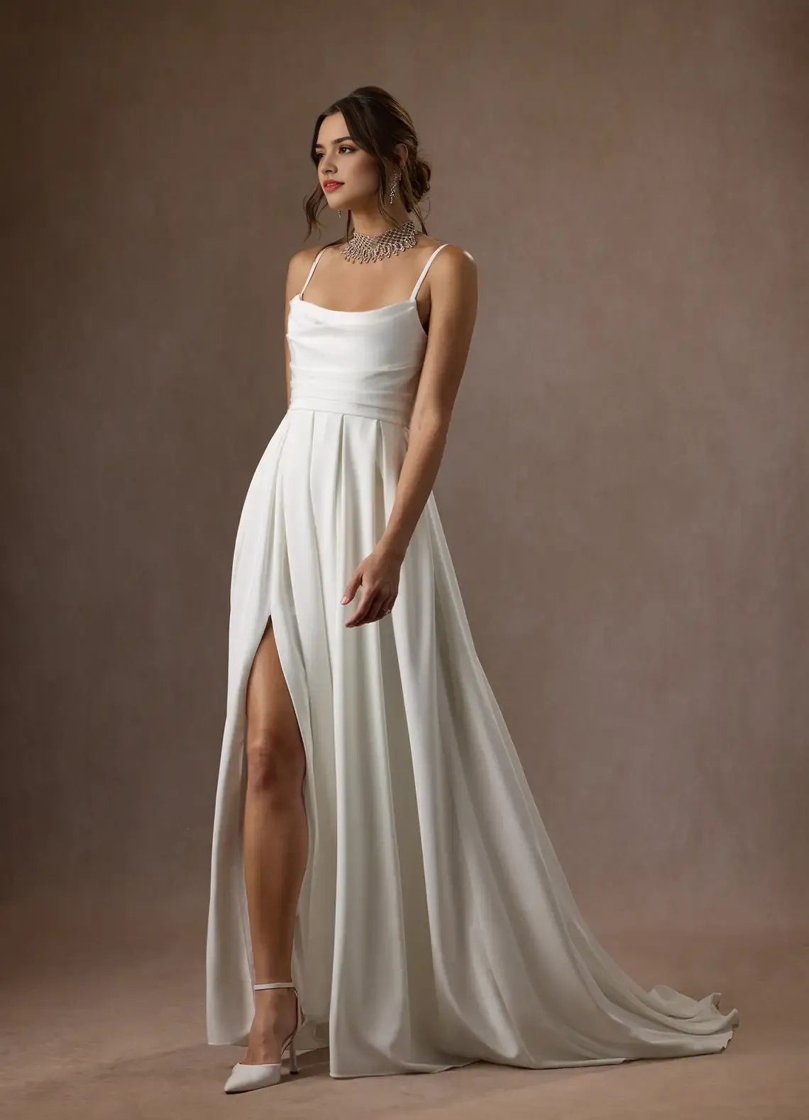 White Diamond Spaghetti Strap A-Line Scoop Pleated Back Wedding Dresses for women