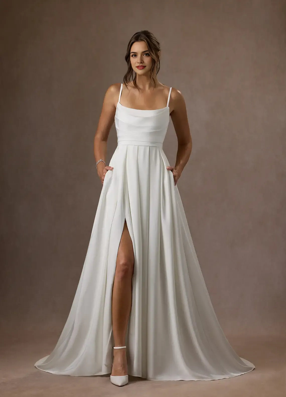 White Diamond Spaghetti Strap A-Line Scoop Pleated Back Wedding Dresses for women