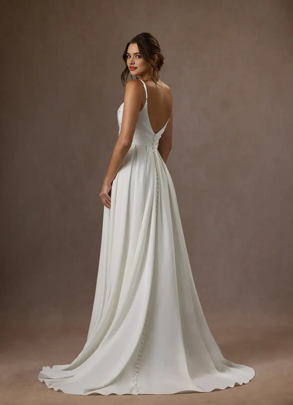 White Diamond Spaghetti Strap A-Line Scoop Pleated Back Wedding Dresses for women