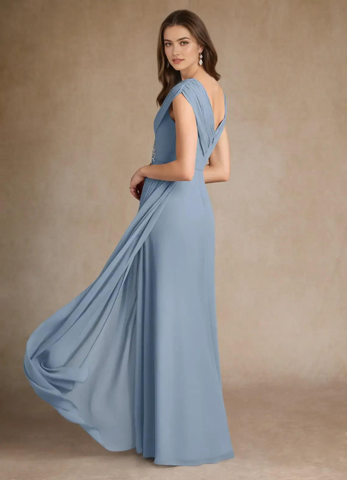 Blue Dusty A-Line Pleated Mother of the Bride Dress V - Neck Cap Sleeves Draped Ruched Bodice Side Accent