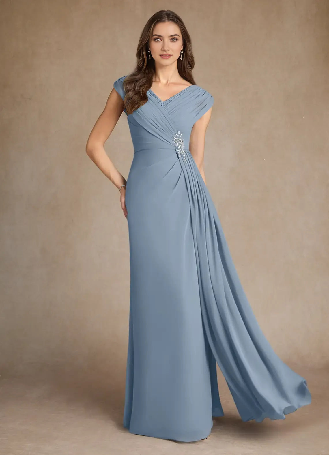 Blue Dusty A-Line Pleated Mother of the Bride Dress V - Neck Cap Sleeves Draped Ruched Bodice Side Accent