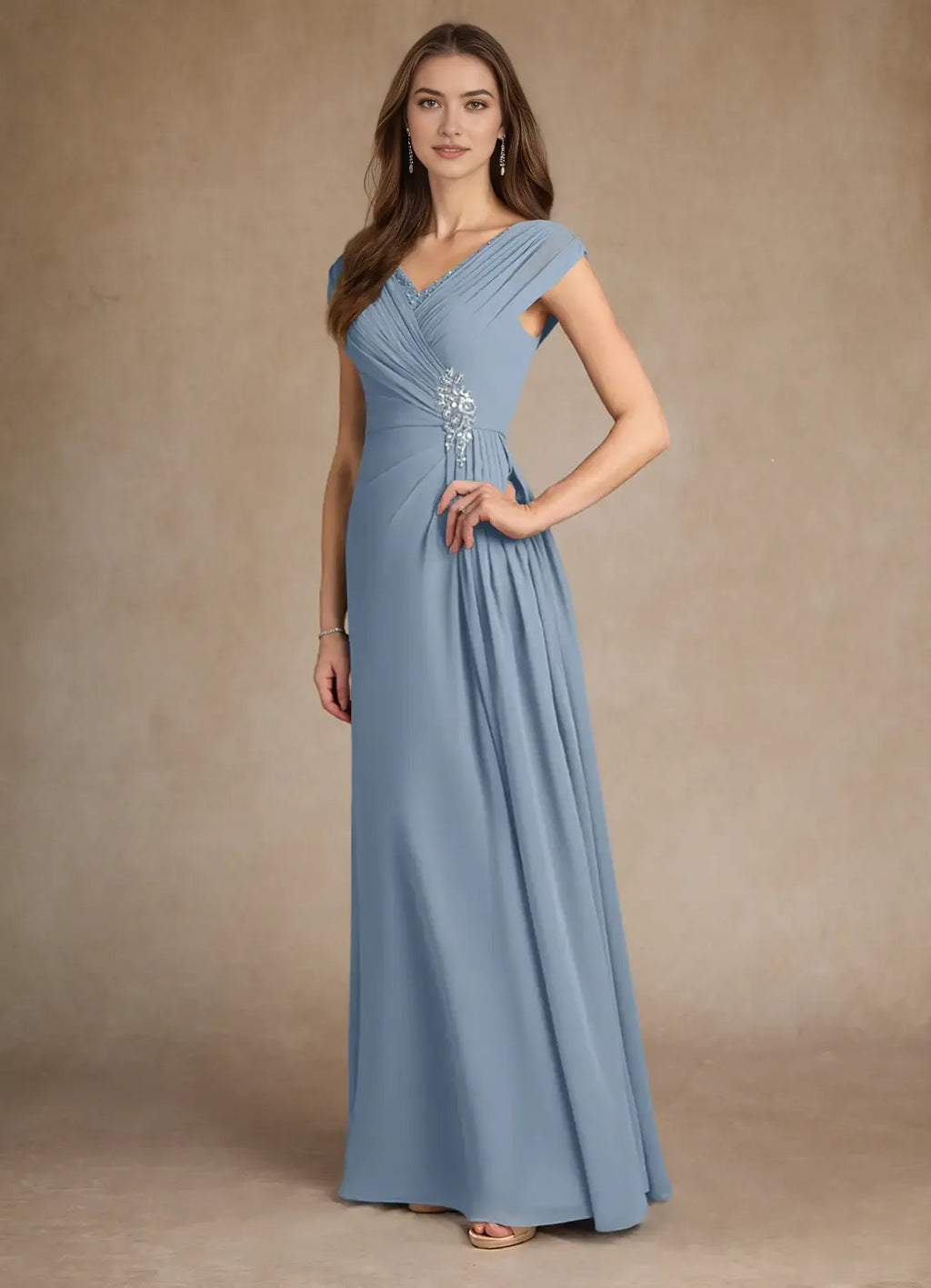 Blue Dusty A-Line Pleated Mother of the Bride Dress V - Neck Cap Sleeves Draped Ruched Bodice Side Accent