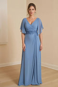 Blue Dusty A-Line V-Neck Flutter Sleeve Back Zip Floor-Length Mother of the Bride Dress with Appliques