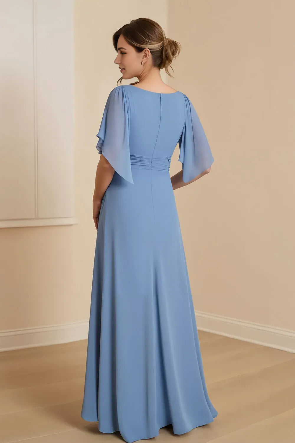 Blue Dusty A-Line V-Neck Flutter Sleeve Back Zip Floor-Length Mother of the Bride Dress with Appliques