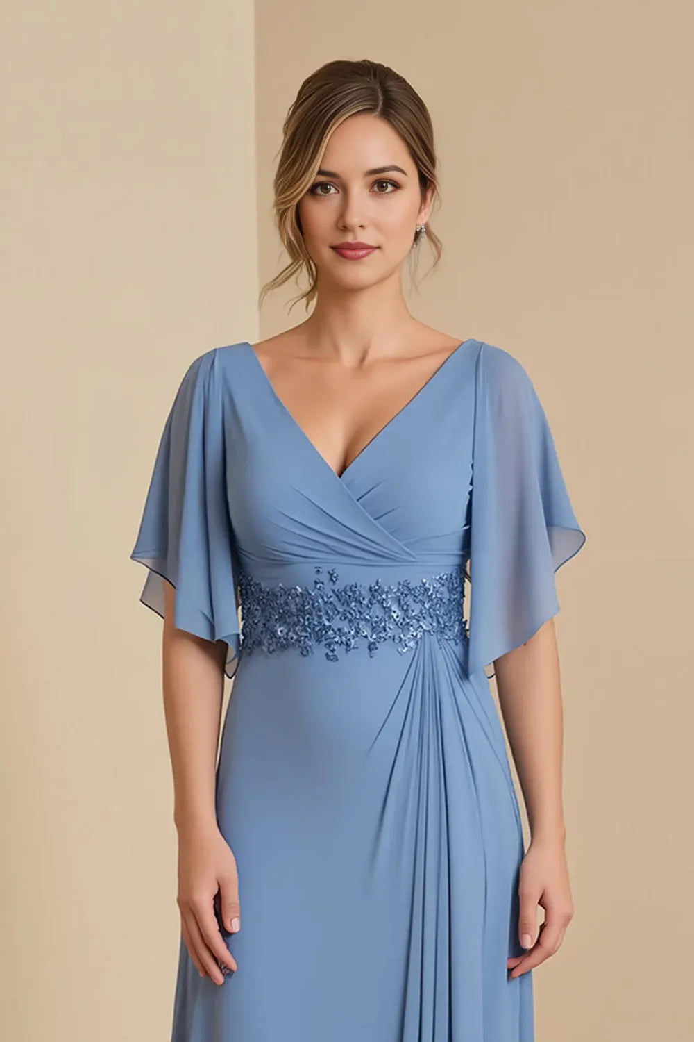 Blue Dusty A-Line V-Neck Flutter Sleeve Back Zip Floor-Length Mother of the Bride Dress with Appliques