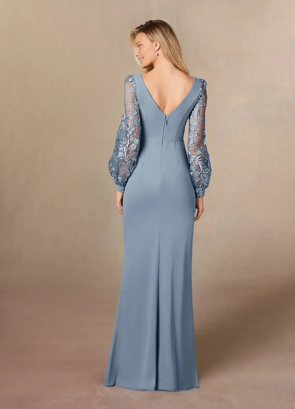 Blue Dusty Mother of the Bride Dress with Boat Neckline Lantern Sleeves Ruched Bodice and Mermaid Silhouette