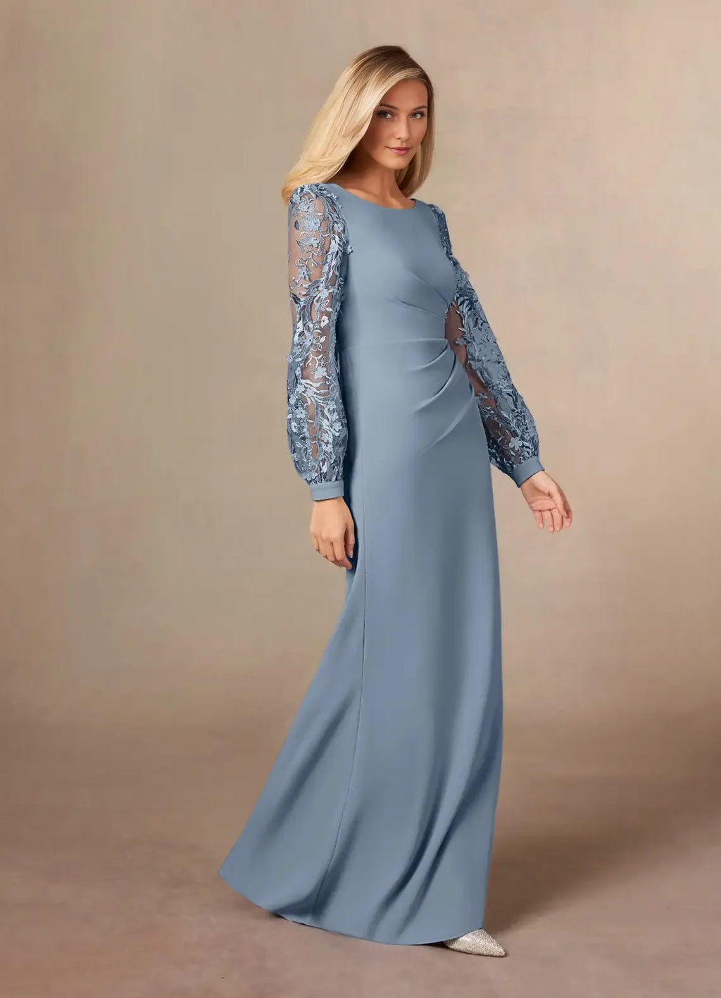 Blue Dusty Mother of the Bride Dress with Boat Neckline Lantern Sleeves Ruched Bodice and Mermaid Silhouette