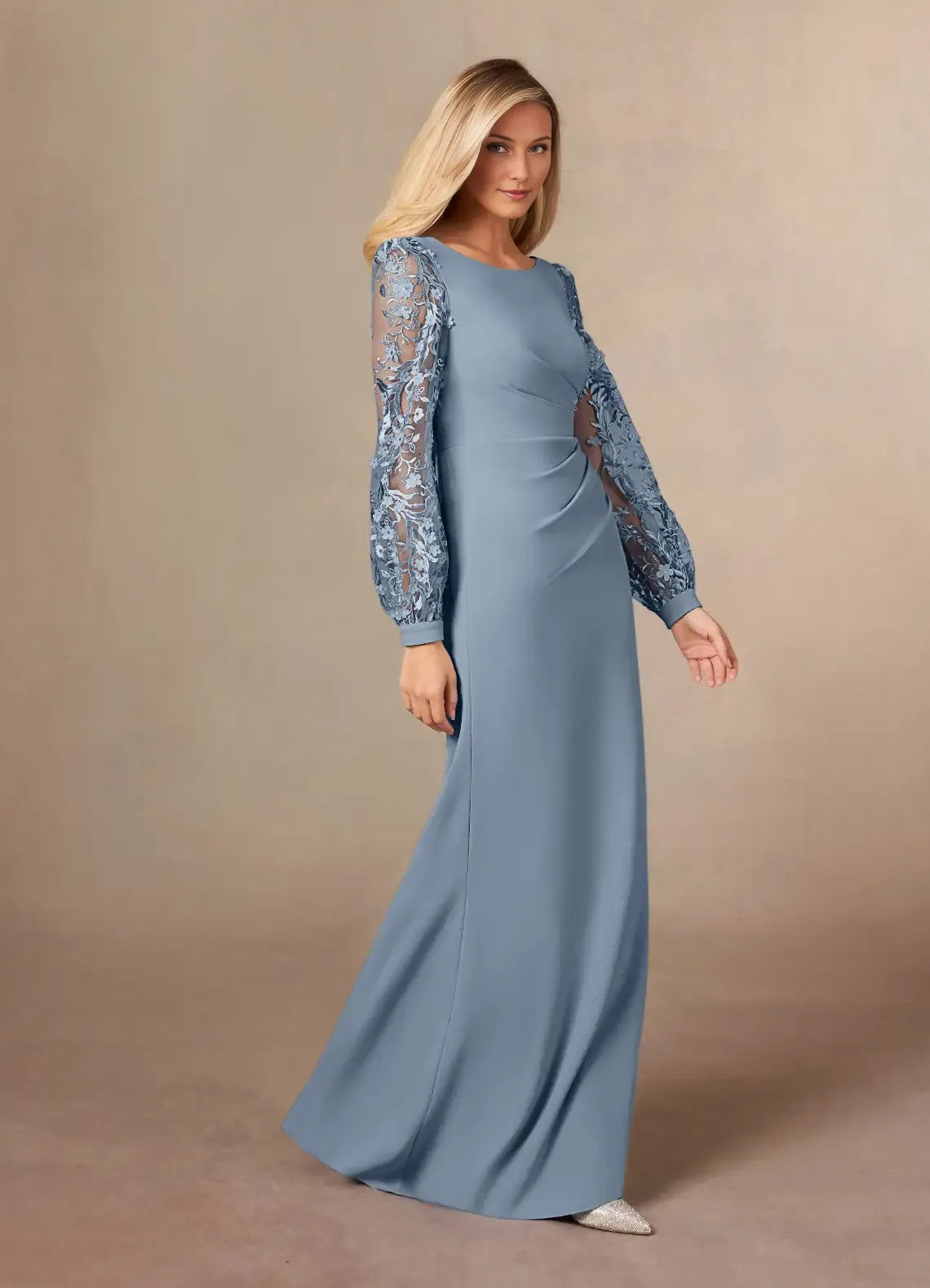 Blue Dusty Mother of the Bride Dress with Boat Neckline Lantern Sleeves Ruched Bodice and Mermaid Silhouette