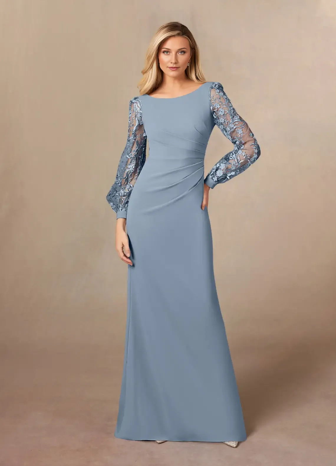 Blue Dusty Mother of the Bride Dress with Boat Neckline Lantern Sleeves Ruched Bodice and Mermaid Silhouette