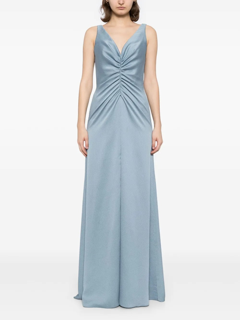 Blue Dusty Ruched V-Neck Evening Dress