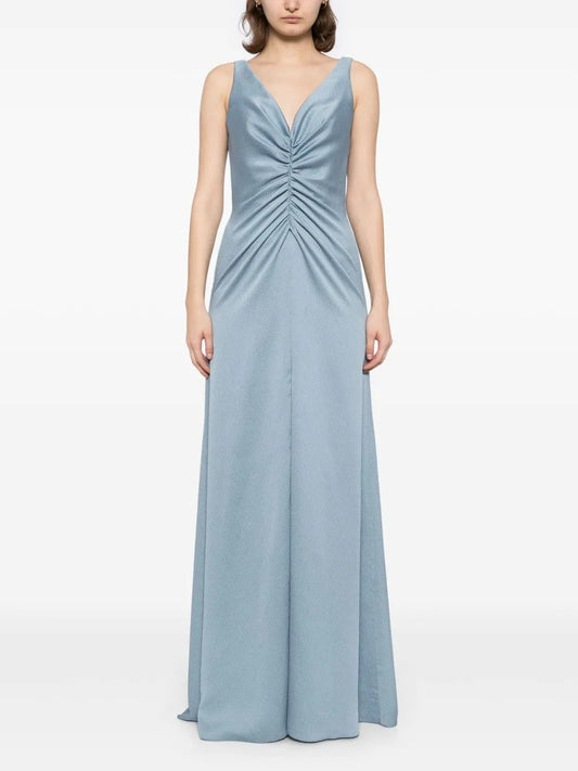 Luxurious Dusty-Blue A-Line V-Neck Classic-Sleeve Classic-Back Floor-Length Evening Dress
