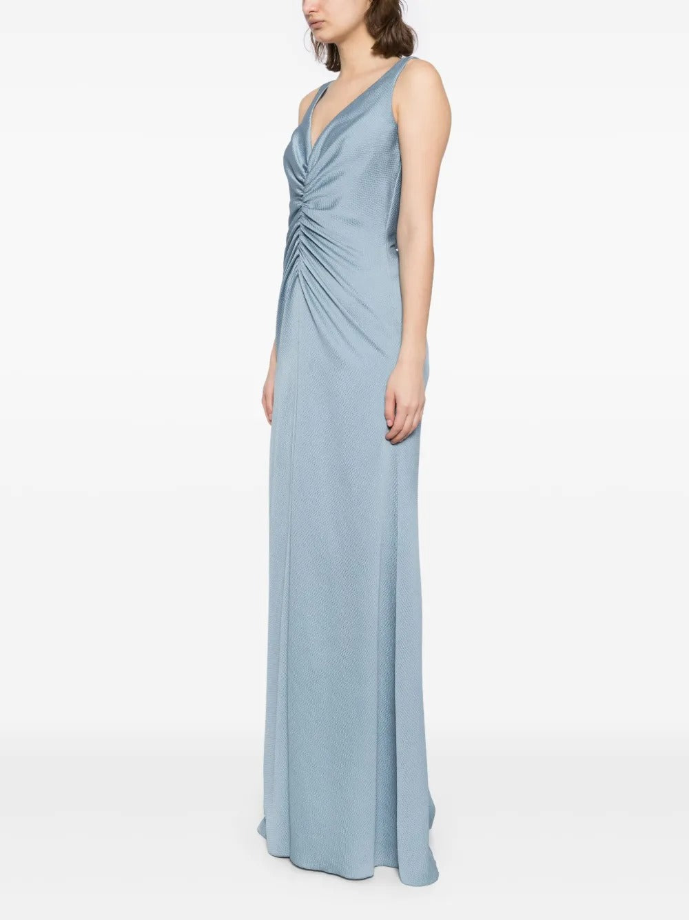 Blue Dusty Ruched V-Neck Evening Dress