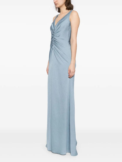 Luxurious Dusty-Blue A-Line V-Neck Classic-Sleeve Classic-Back Floor-Length Evening Dress