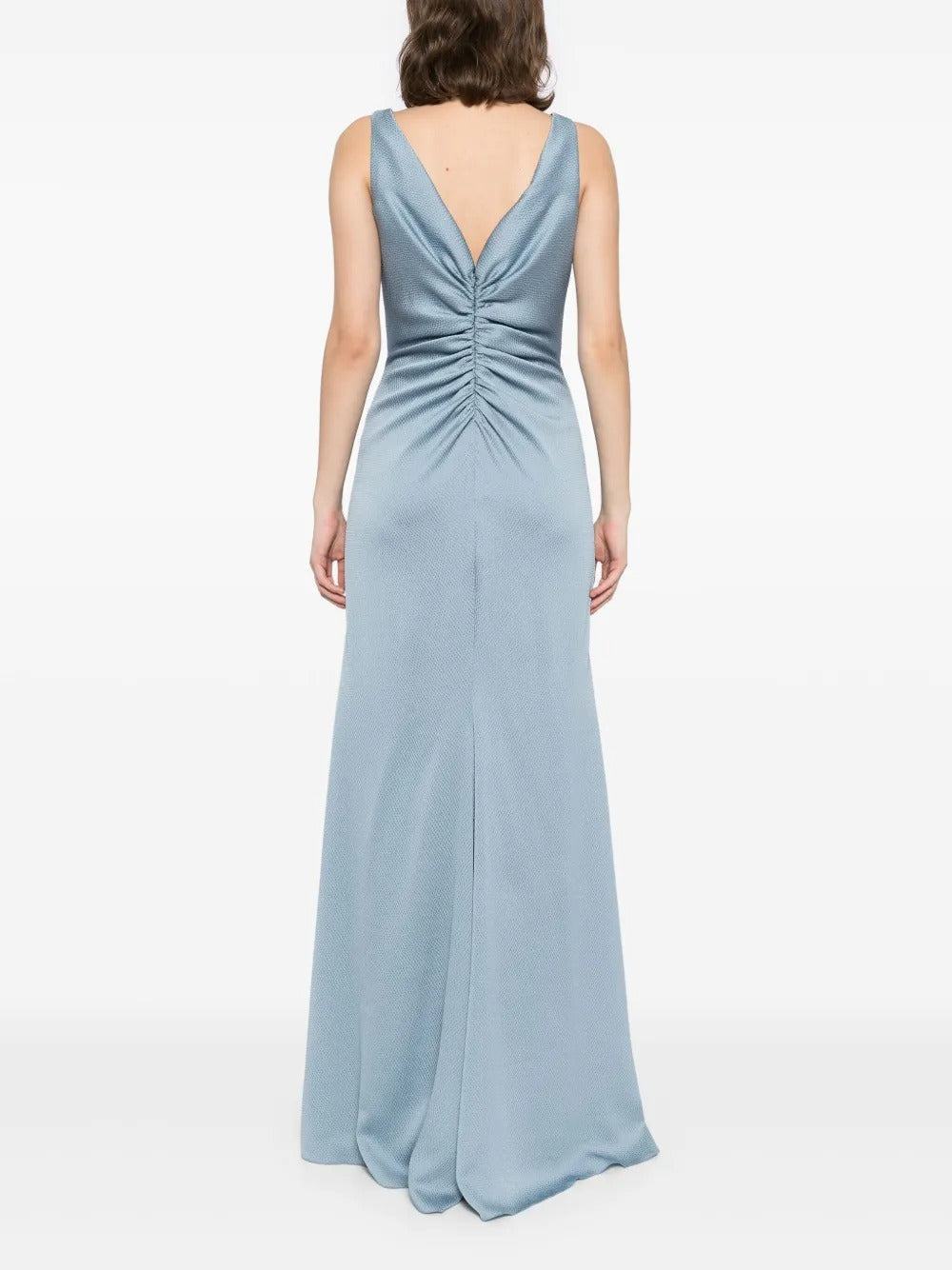 Blue Dusty Ruched V-Neck Evening Dress