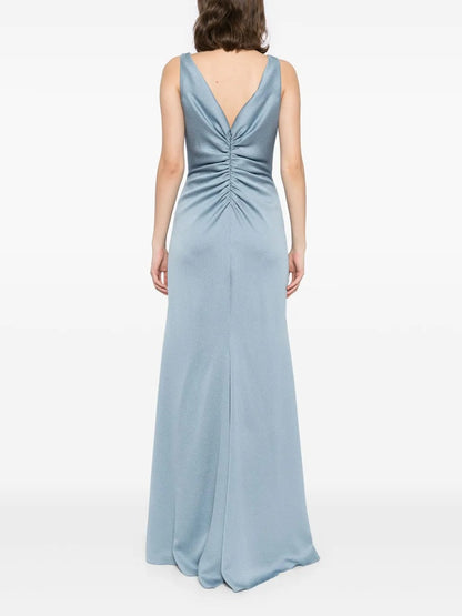 Luxurious Dusty-Blue A-Line V-Neck Classic-Sleeve Classic-Back Floor-Length Evening Dress