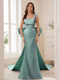 Green Dusty Sheath Square Neck Sleeveless Bow Back Floor-Length Prom Dresses with Bowknot Watteau Train