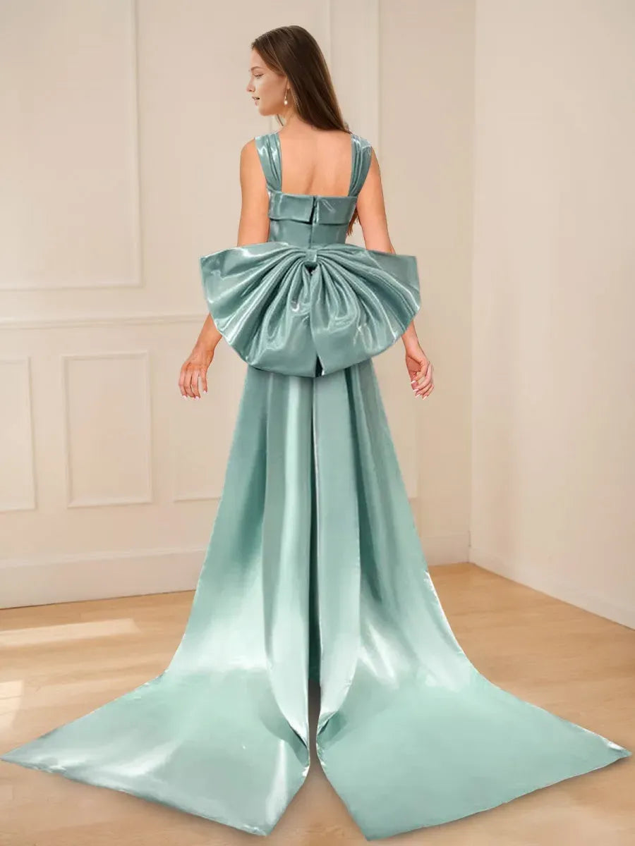 Green Dusty Sheath Square Neck Sleeveless Bow Back Floor-Length Prom Dresses with Bowknot Watteau Train