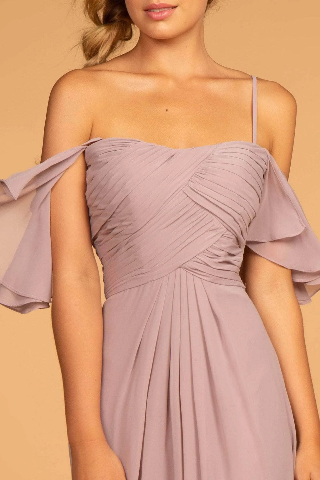 Lilac Dusty Evening Dresses featuring Off - Shoulder Flutter Sleeves Ruched Design, and Flowy Fit to Elevate